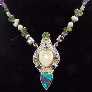Sajen Offerings SS White Bone Face Goddess Attached to 18"  Gemstone Necklace